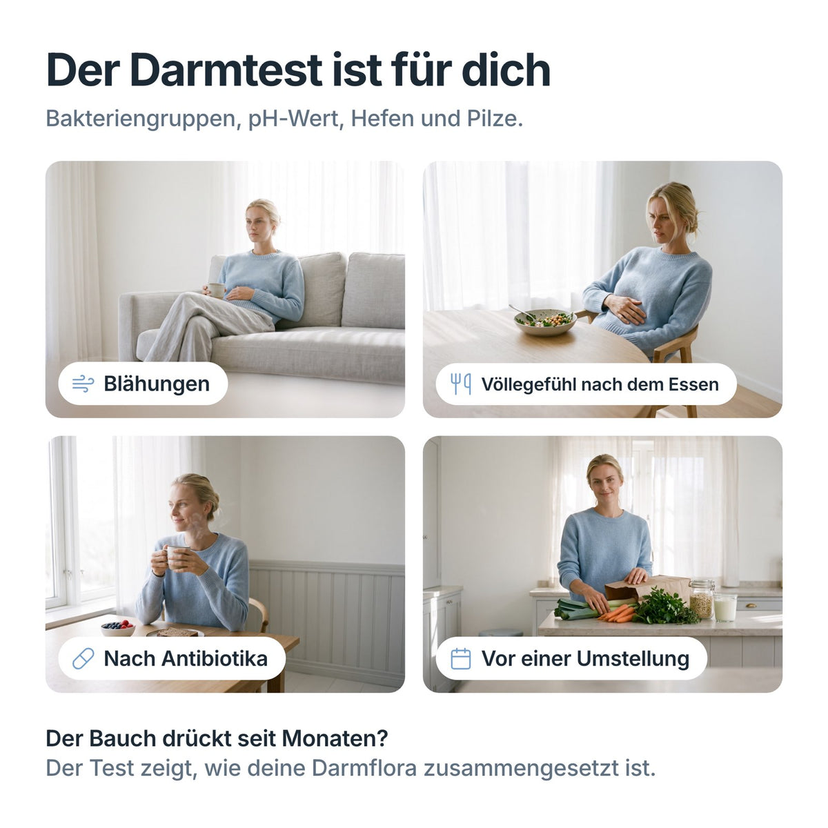 Darmflora-Test Essential passt bei Blähungen, Völlegefühl nach dem Essen, nach Antibiotika und vor einer Umstellung
