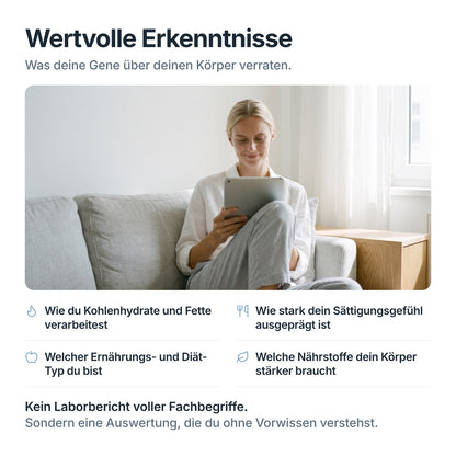 Frau liest ihre Auswertung zum DNA-Test zum Abnehmen: Stoffwechsel, Sättigung, Ernährungs- und Diät-Typ, Nährstoffe