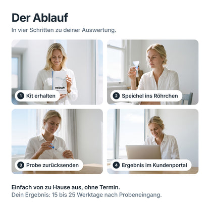 Ablauf des DNA-Tests zum Abnehmen in vier Schritten: Kit erhalten, Speichelprobe, Rückversand, Ergebnis als PDF