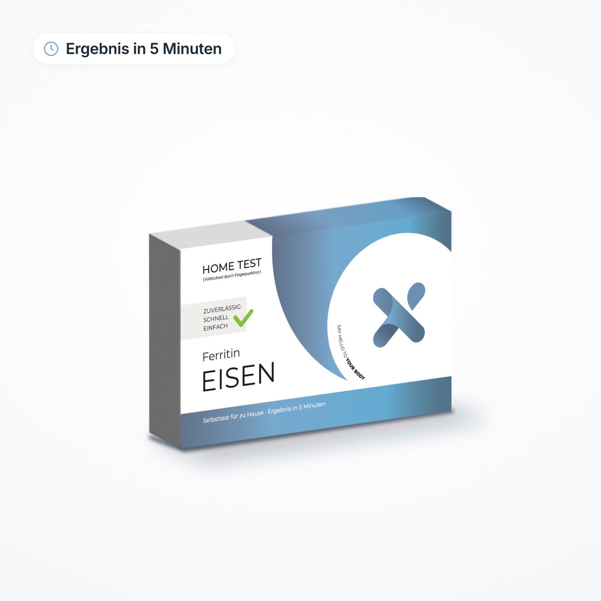 Eisen-Ferritin Selbsttest von mybody®x: Testkit-Schachtel, Ergebnis in 5 Minuten