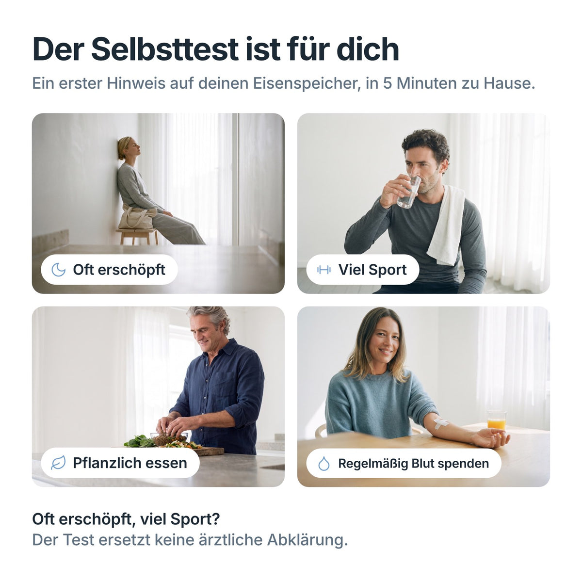 Für wen der Eisen-Ferritin Selbsttest ist: oft erschöpft, viel Sport, pflanzlich essen, regelmäßig Blut spenden
