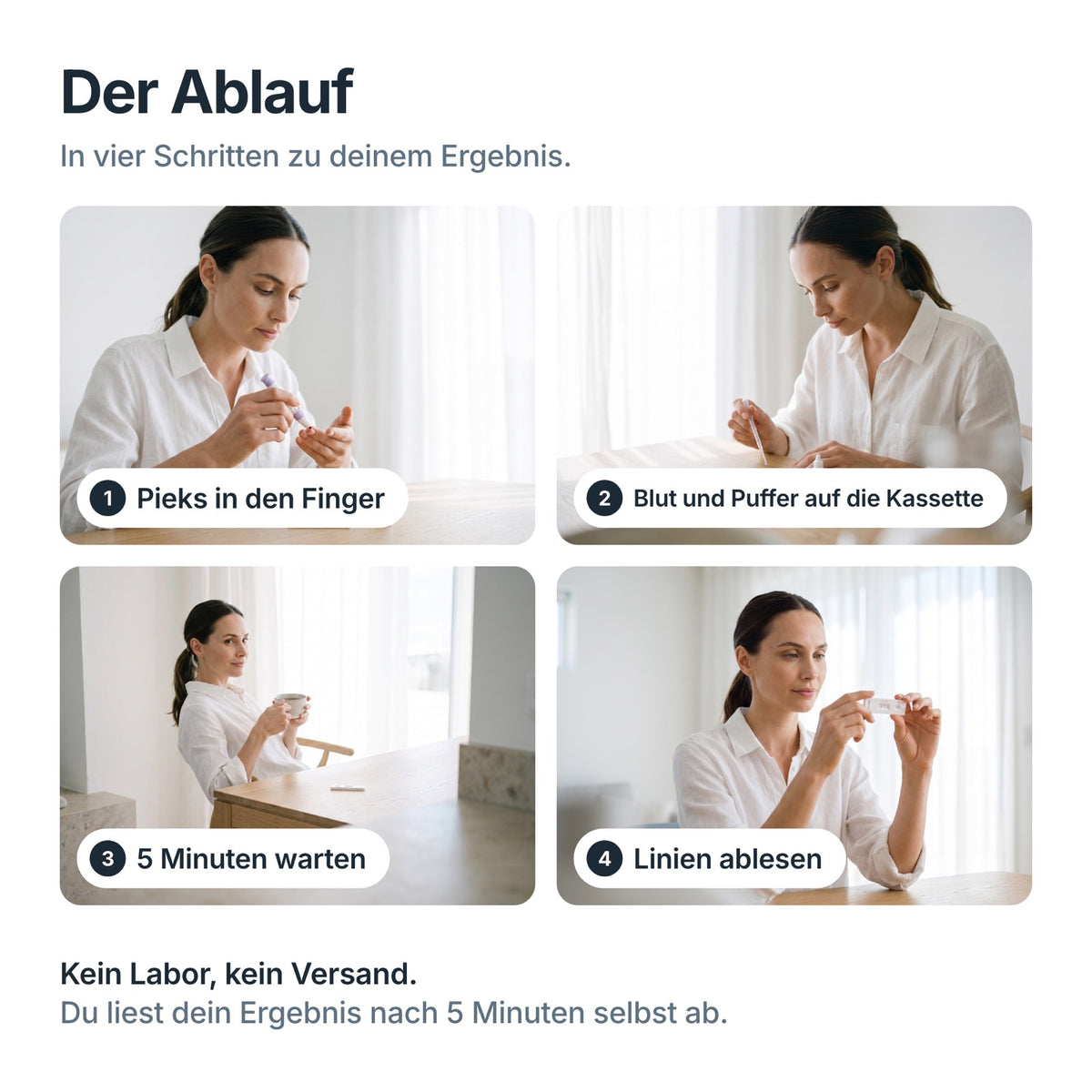 Ablauf des Eisen-Ferritin Selbsttests: Pieks, Blut und Puffer auf die Kassette, 5 Minuten warten, Linien ablesen