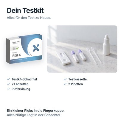Inhalt des Eisen-Ferritin Selbsttests: Testkit-Schachtel, Testkassette, 2 Lanzetten, 2 Pipetten, Pufferlösung