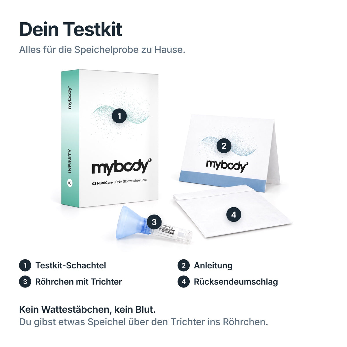 Testkit des NutriCare INFINITY DNA-Tests: Schachtel, Anleitung, Speichelröhrchen mit Trichter und Umschlag