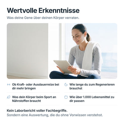 Frau liest ihre Auswertung zum Fitness DNA-Test: Trainingsreize, Regeneration, Nährstoffe beim Sport, Lebensmittel
