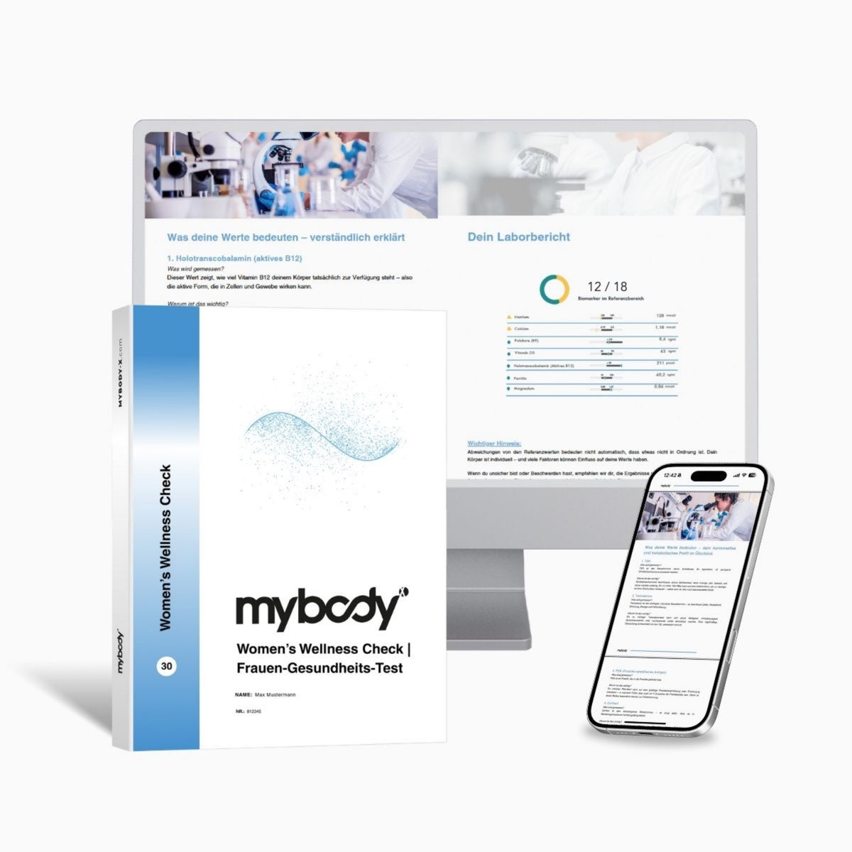Women’s Wellness Check von mybody®x: Titelseite der Auswertung, dahinter Bildschirm und Handy mit Beispielseiten