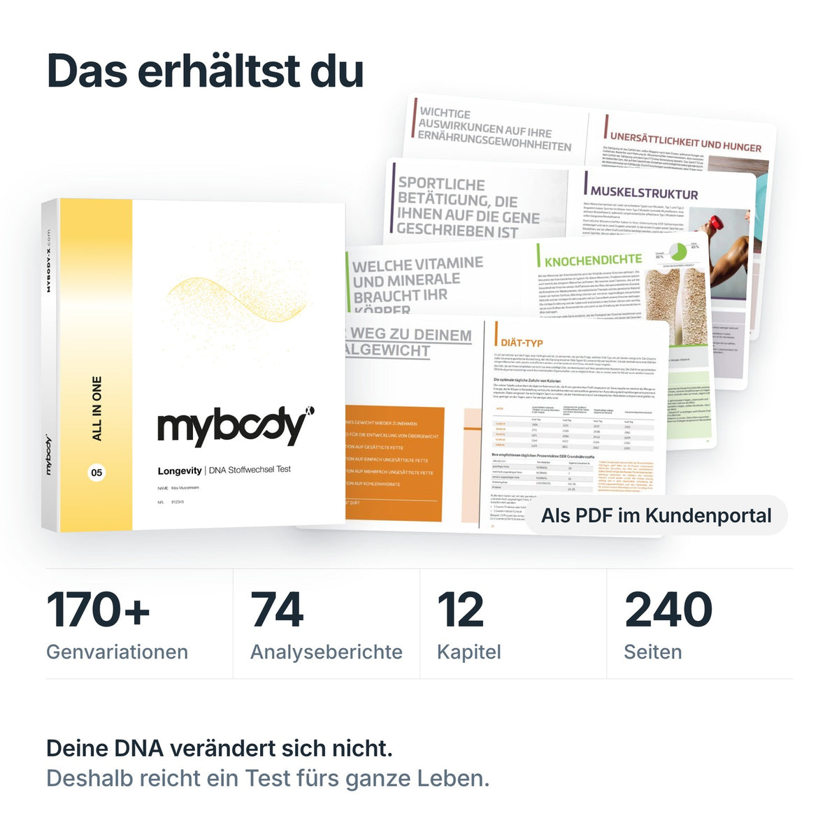 Longevity DNA-Test: Titelseite und echte Seiten der Auswertung, über 170 Genvariationen, 74 Berichte, 240 Seiten