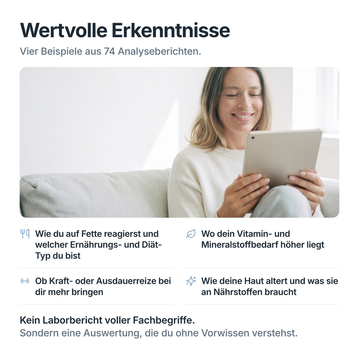 Frau liest ihre Auswertung zum Longevity DNA-Test: Fette, Ernährungs- und Diät-Typ, Nährstoffe, Training und Haut