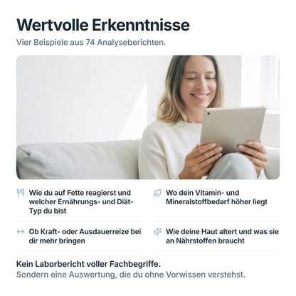 Frau liest ihre Auswertung zum Longevity DNA-Test: Fette, Ernährungs- und Diät-Typ, Nährstoffe, Training und Haut