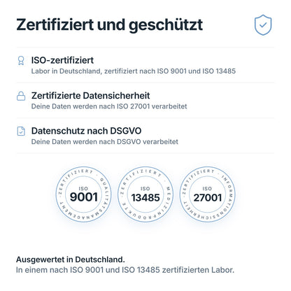 Longevity DNA-Test: ausgewertet in einem nach ISO 9001 und ISO 13485 zertifizierten Labor in Deutschland