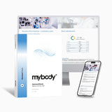 HormonCheck von mybody®x: Titelseite der Auswertung, dahinter Bildschirm und Handy mit Beispielseiten