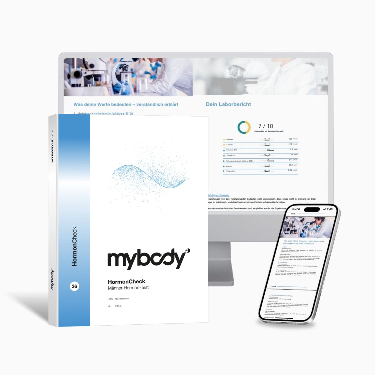 HormonCheck von mybody®x: Titelseite der Auswertung, dahinter Bildschirm und Handy mit Beispielseiten