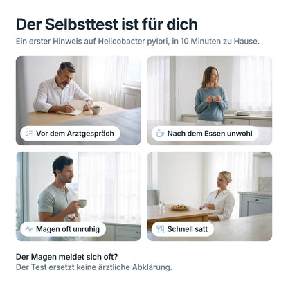 Für wen der Helicobacter-pylori-Selbsttest ist: vor dem Arztgespräch, nach dem Essen unwohl, Magen oft unruhig, schnell satt