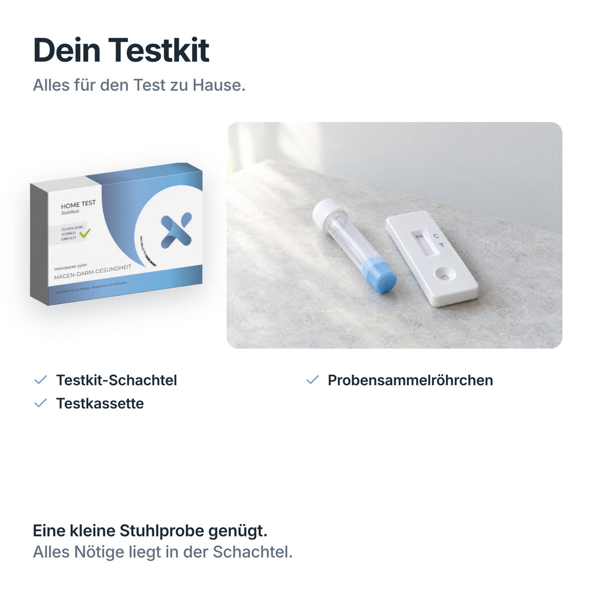 Inhalt des Magen-Darm-Selbsttests: Testkit-Schachtel, Probensammelröhrchen, Testkassette