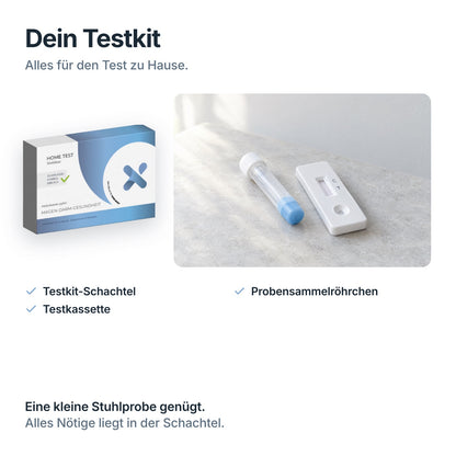 Inhalt des Magen-Darm-Selbsttests: Testkit-Schachtel, Probensammelröhrchen, Testkassette