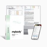 Mikrobiom Darm-Test Complete von mybody®x: Titelseite der Auswertung, dahinter Bildschirm und Handy mit Beispielseiten