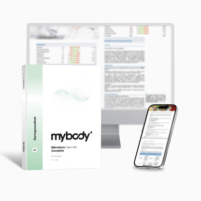 Mikrobiom Darm-Test Complete von mybody®x: Titelseite der Auswertung, dahinter Bildschirm und Handy mit Beispielseiten