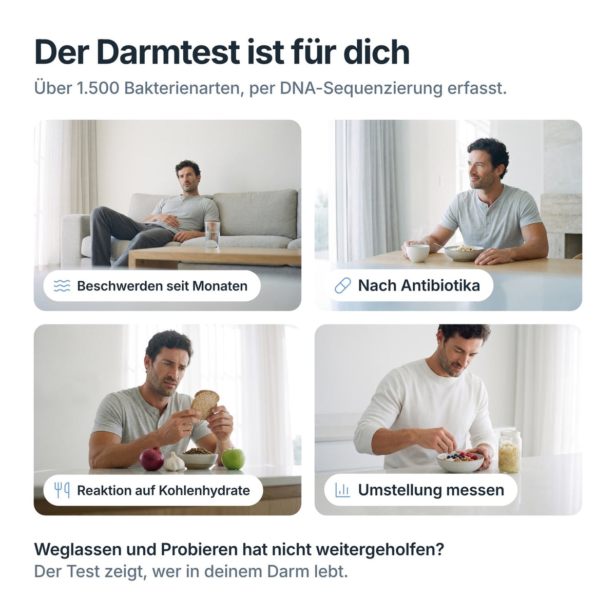 Mikrobiom Darm-Test Complete passt bei Beschwerden seit Monaten, nach Antibiotika und bei Reaktion auf Kohlenhydrate