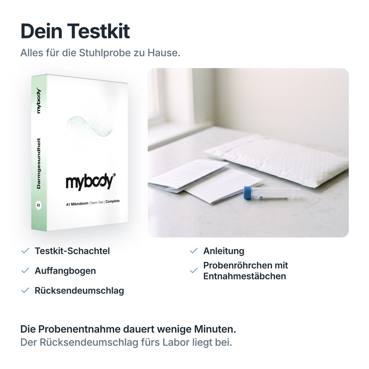 Testkit zum Mikrobiom Darm-Test Complete: Anleitung, Auffangbogen, Probenröhrchen mit Entnahmestäbchen, Rücksendeumschlag
