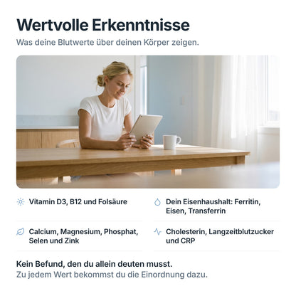 Frau liest auf dem Tablet ihre Auswertung zum VitalCheck: Vitamine, Eisenhaushalt, Mineralstoffe