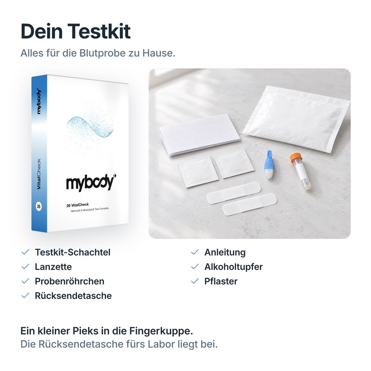 Testkit zum VitalCheck: Schachtel, Anleitung, Lanzette, Alkoholtupfer, Probenröhrchen, Pflaster, Rücksendetasche