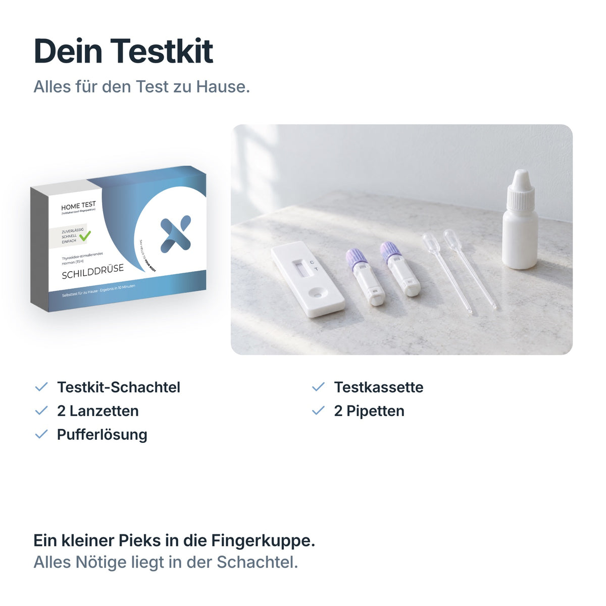 Inhalt des Schilddrüsen-TSH Selbsttests: Testkit-Schachtel, Testkassette, 2 Lanzetten, 2 Pipetten, Pufferlösung