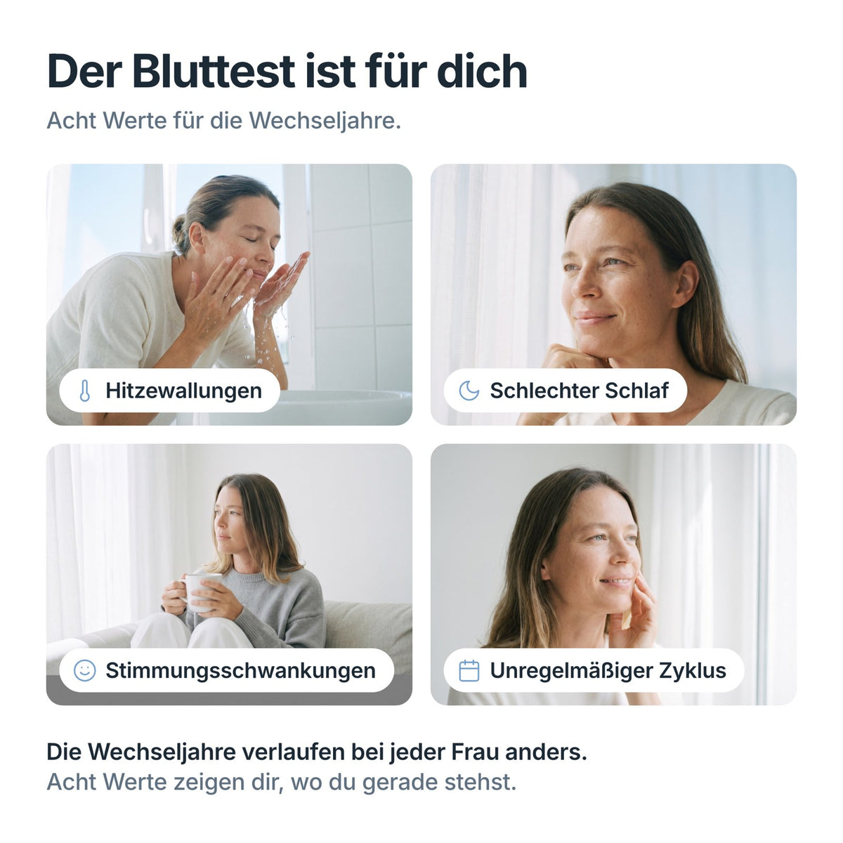 Menopause Check passt bei Hitzewallungen, schlechtem Schlaf, Stimmungsschwankungen und unregelmäßigem Zyklus