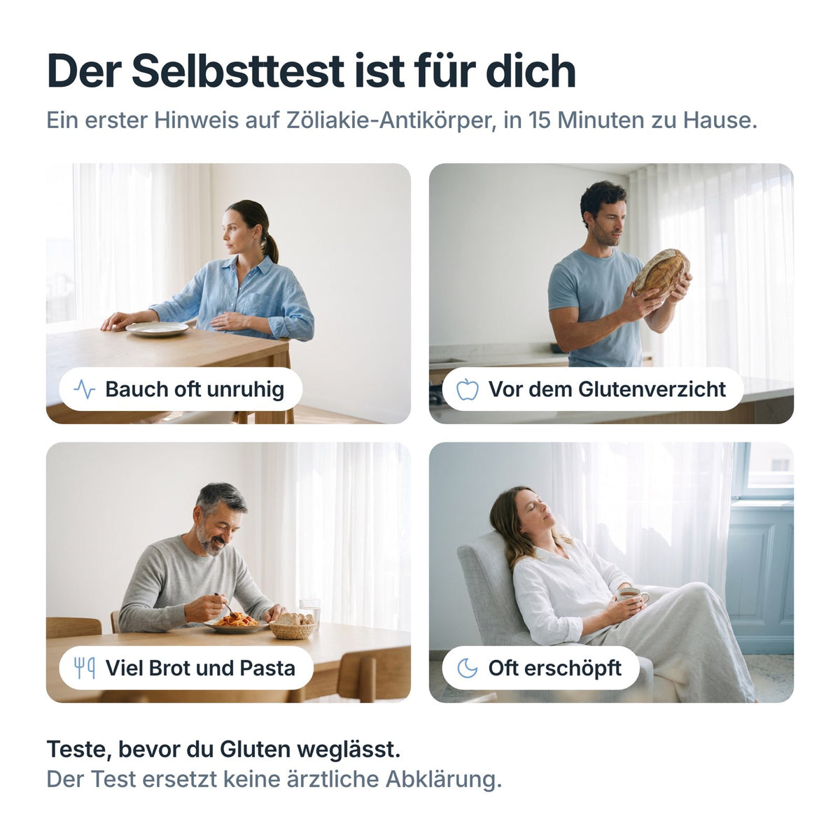 Für wen der Zöliakie-Selbsttest ist: Bauch oft unruhig, vor dem Glutenverzicht, viel Brot und Pasta, oft erschöpft