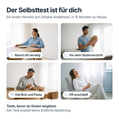 Für wen der Zöliakie-Selbsttest ist: Bauch oft unruhig, vor dem Glutenverzicht, viel Brot und Pasta, oft erschöpft