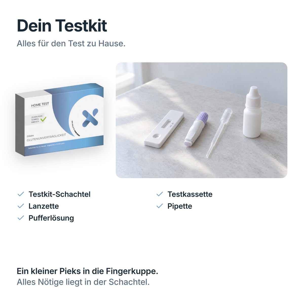 Inhalt des Zöliakie-Selbsttests: Testkit-Schachtel, Testkassette, Lanzette, Pipette, Pufferlösung