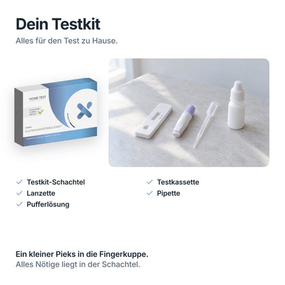 Inhalt des Zöliakie-Selbsttests: Testkit-Schachtel, Testkassette, Lanzette, Pipette, Pufferlösung